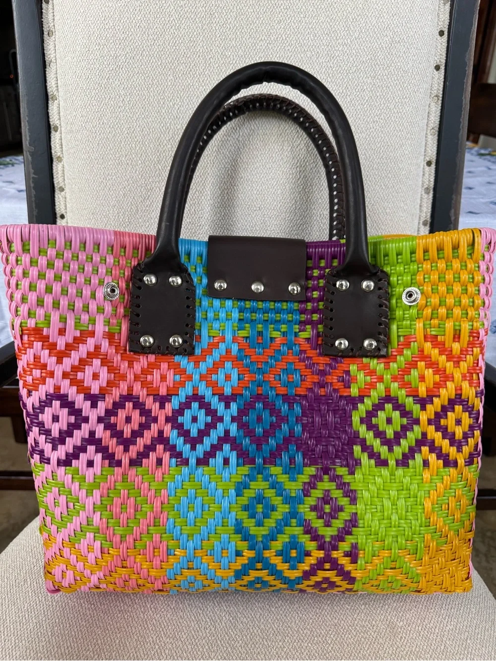 Artisan Woven Tote Bag multicolor with Dark Brown Handles - Picture 2 of 7